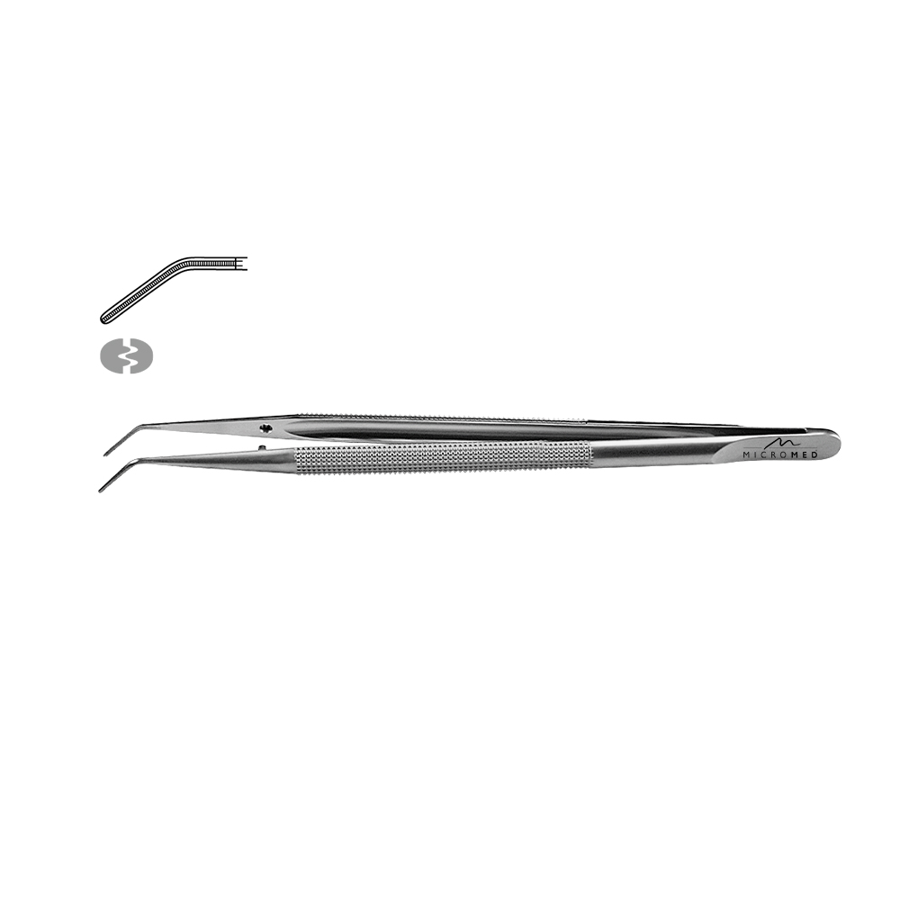 Micro-Forceps angulated, atraumatic length 180 mm, tip 1,1 mm Round handle Ø 8 mm