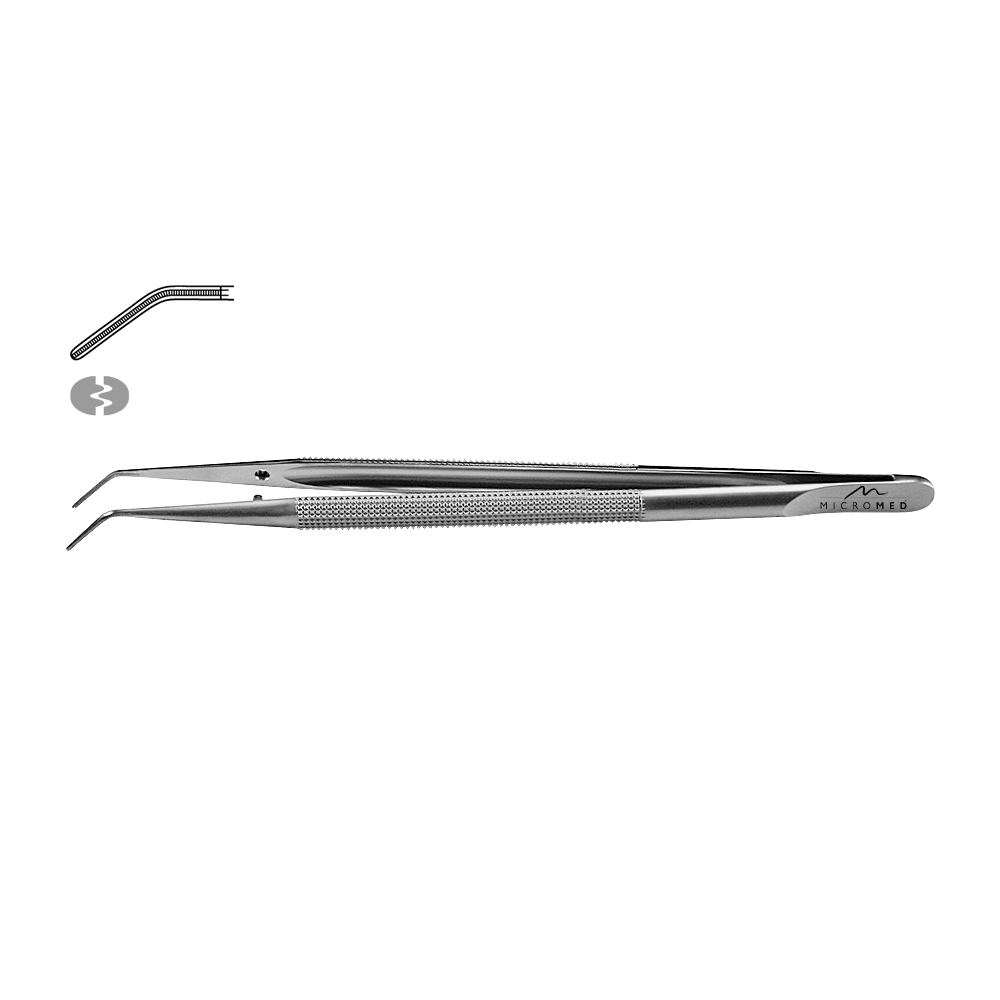 Micro-Forceps angulated, atraumatic length 210 mm, tip 1,1 mm Round handle Ø 8 mm