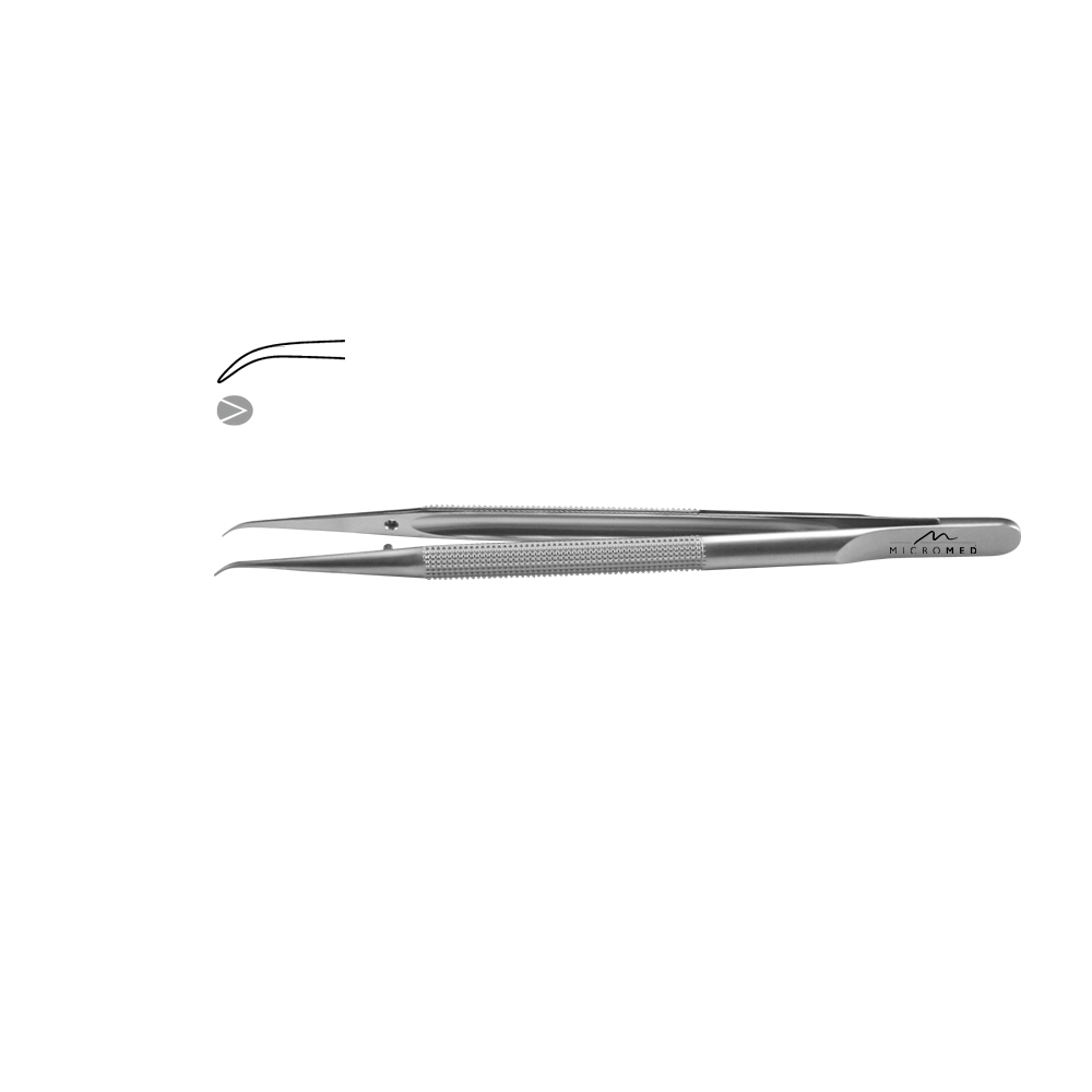 Micro-Forceps angulated, length 120 mm with mouse tooth, tip 0,3 mm Round handle Ø 8 mm