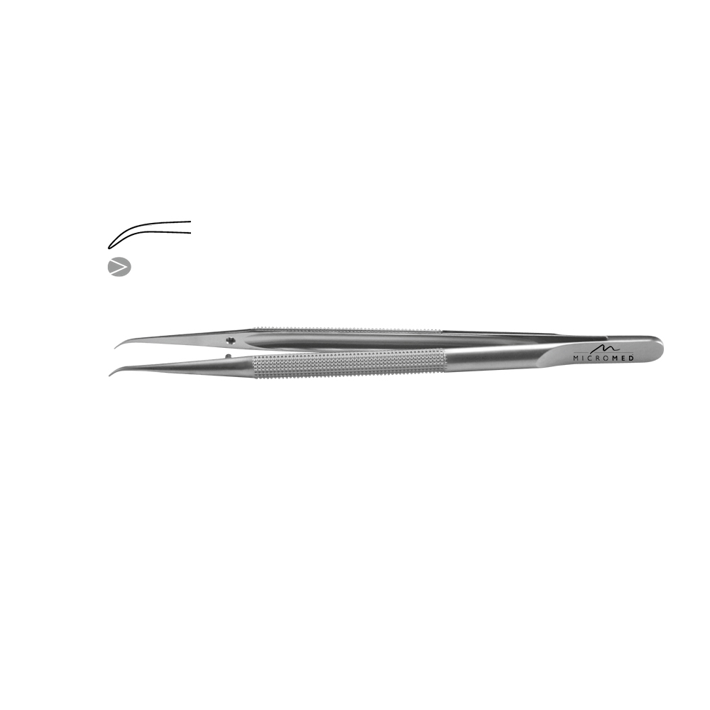 Micro-Forceps angulated, length 150 mm with mouse tooth, tip 0,3 mm Round handle Ø 8 mm