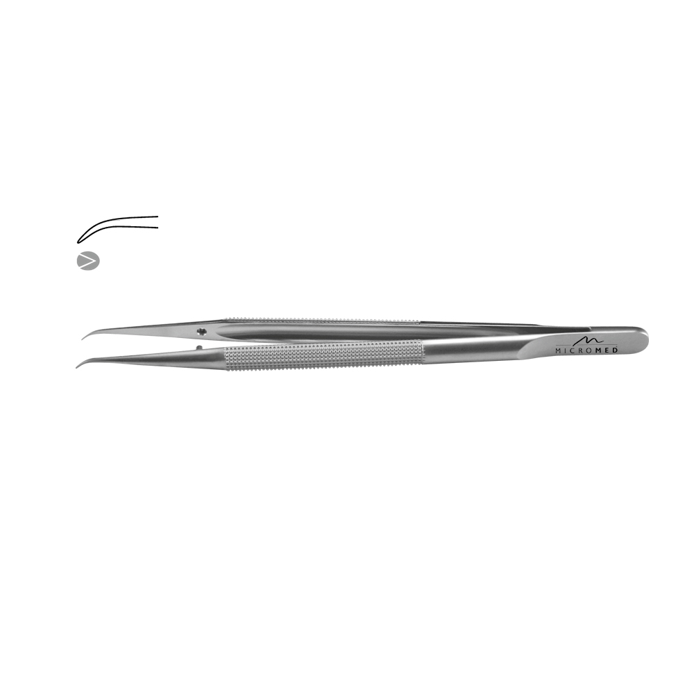 Micro-Forceps angulated, length 180 mm with mouse tooth, tip 0,3 mm Round handle Ø 8 mm