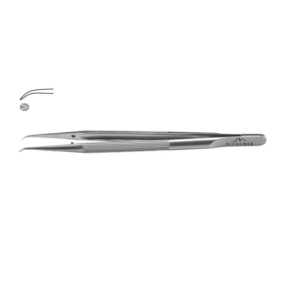 Micro-Forceps angulated, length 210 mm with mouse tooth, tip 0,4 mm Round handle Ø 8 mm