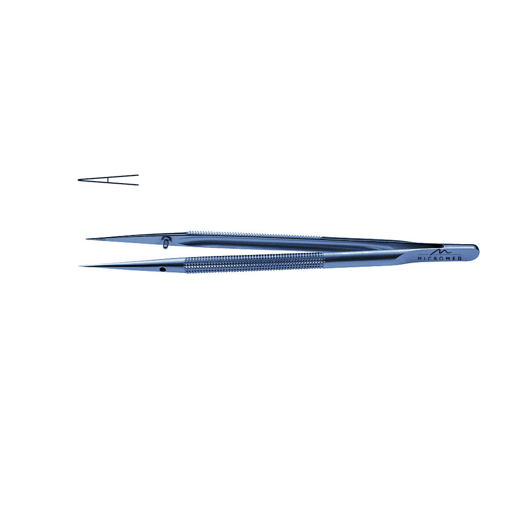 Micro-Forceps straight, length 150 mm tip with plateau, diamond-coated 0,3 mm Round handle Ø 8 mm, titanium