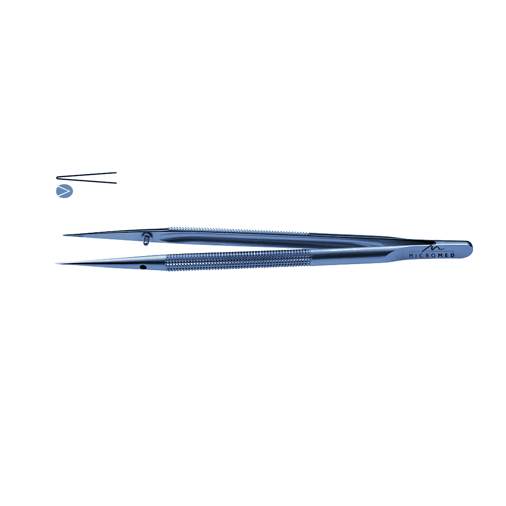 Micro-Forceps straight, length 210 mm tip with mouse tooth 0,5 mm, diamantiet Round handle Ø 8 mm, Titanium blue