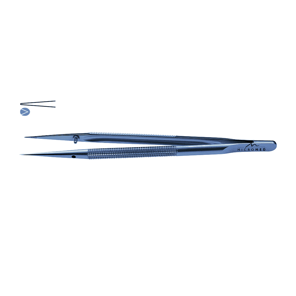 Micro-Forceps straight, length 210 mm tip with mouse tooth 0,5 mm, diamantiet Round handle Ø 8 mm, Titanium blue