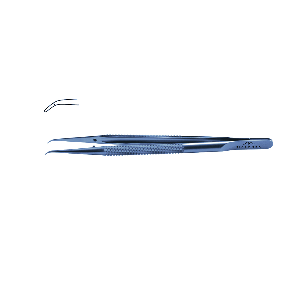 Micro-Forceps titanium angulated,L 150mm tip with plateau, diamond-coated 0,8 mm Round handle Ø 8 mm