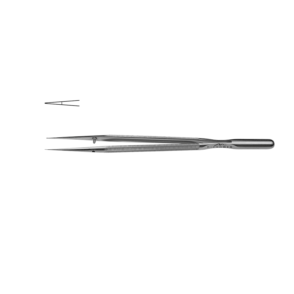 Micro-Forceps straight, length 150 mm tip with plateau, smooth 0,1 mm Round handle Ø 8 mm and counter balance