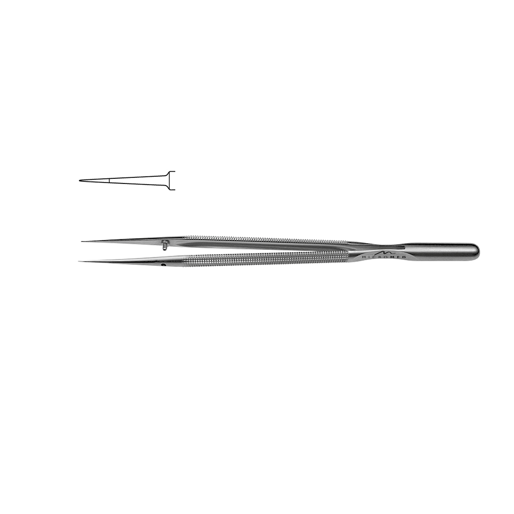 Forceps slim, straight, length 150 mm tip with plateau, smooth 0,3 mm Round handle Ø 8 mm and counter balance