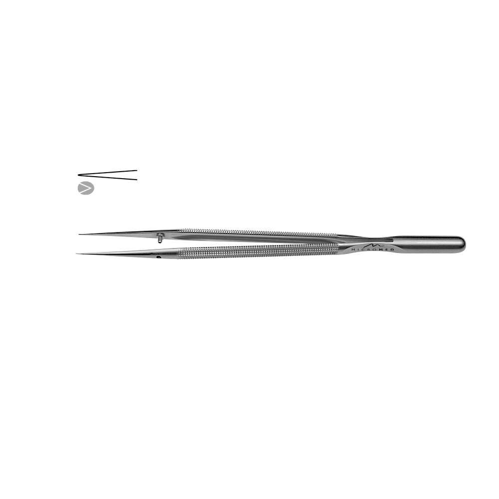 Micro-Forceps straight, length 150 mm tip with mouse tooth 0,3 Round handle Ø 8 mm and counter balance