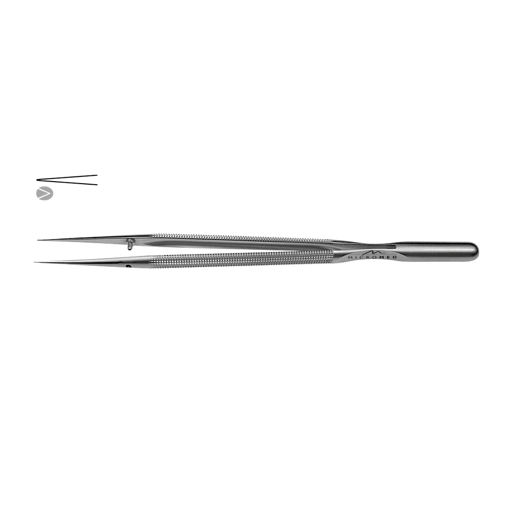 Micro-Forceps straight, length 210 mm tip with mouse tooth 0,3 Round handle Ø 8 mm and counter balance