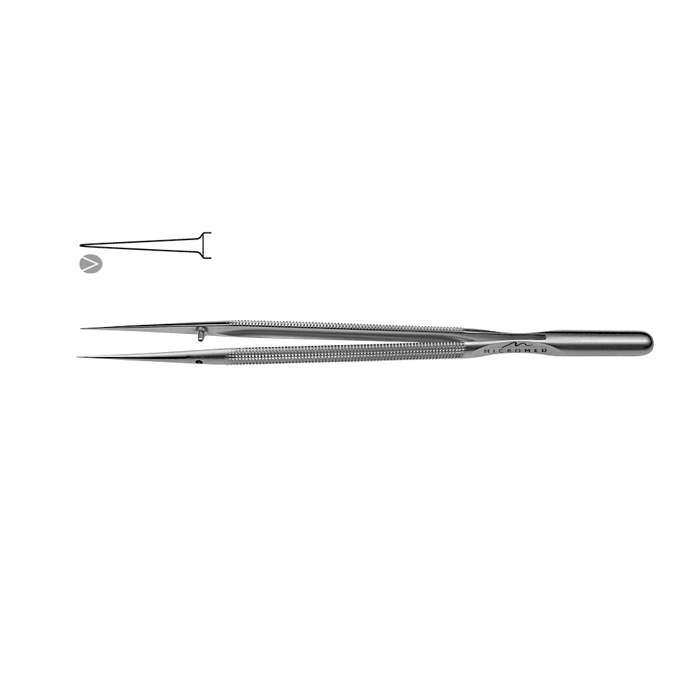 Micro-Forceps slim straight length 180mm tip with mouse tooth 0,3 Round handle Ø 8 mm and counter balance