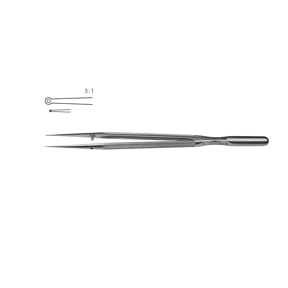 Micro-Forceps straight length 150 mm tip with ring 0,8 x 0,4mm Round handle Ø 8 mm and counter balance