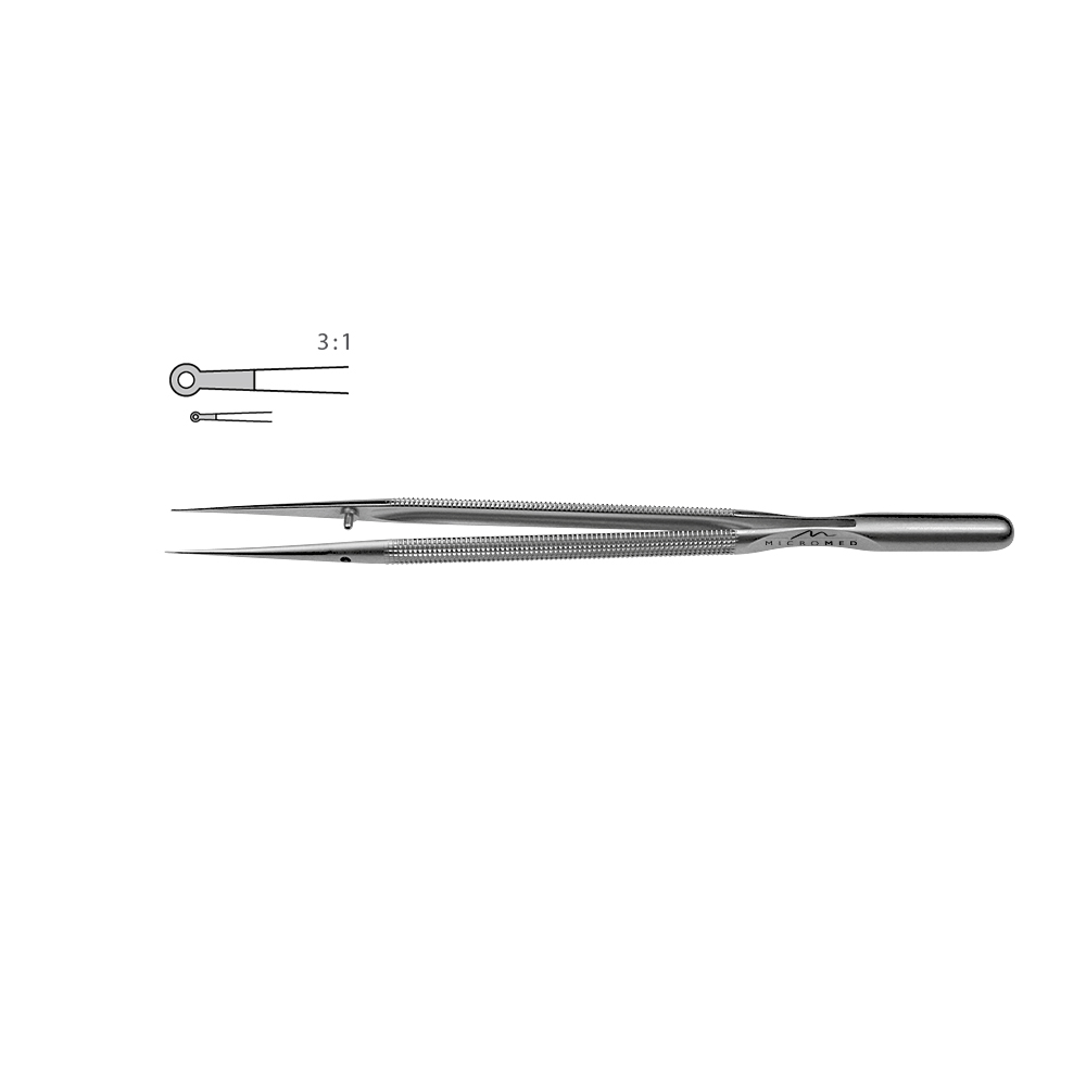 Micro-Forceps straight length 150 mm tip with ring 1,0 x 0,5mm Round handle Ø 8 mm and counter balance