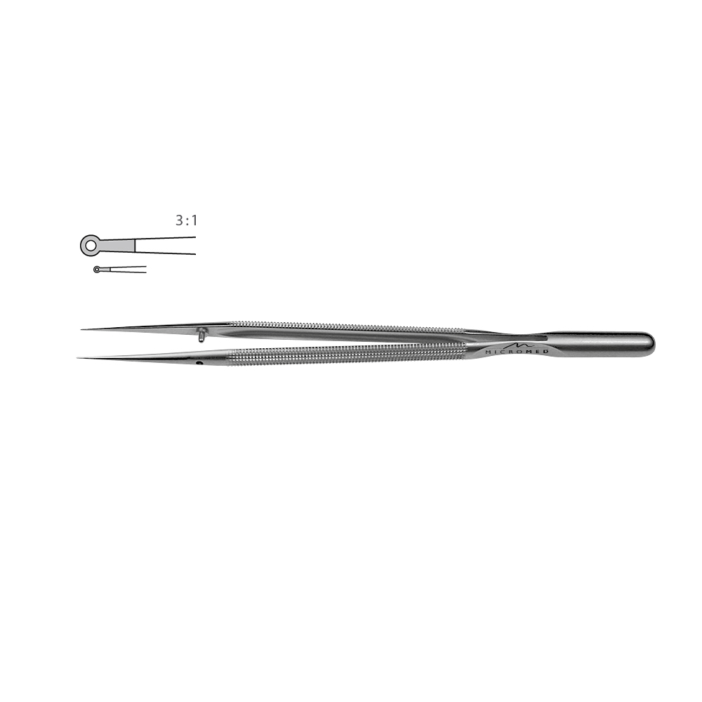 Micro-Forceps straight length 180 mm tip with ring 1,0 x 0,5mm Round handle Ø 8 mm and counter balance