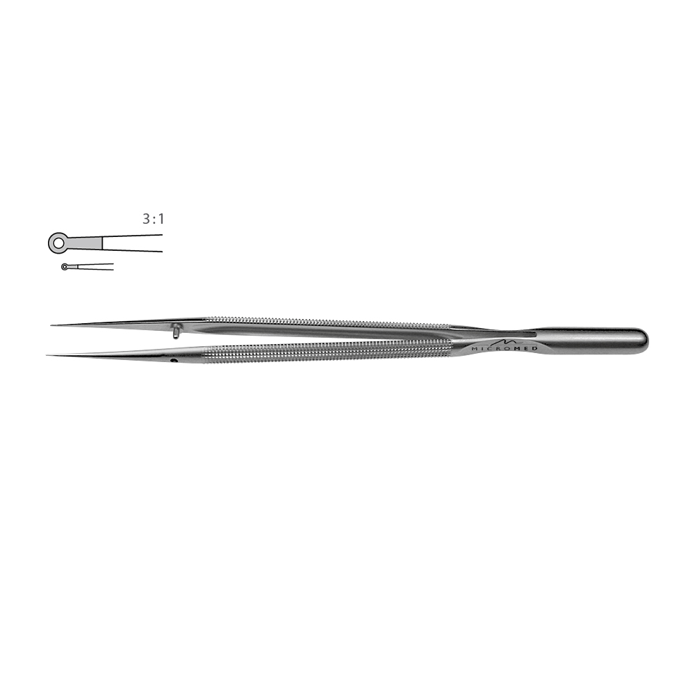 Micro-Forceps straight length 210 mm hard metal tip with ring 1,0 x 0,5mm Round handle Ø 8 mm and counter balance