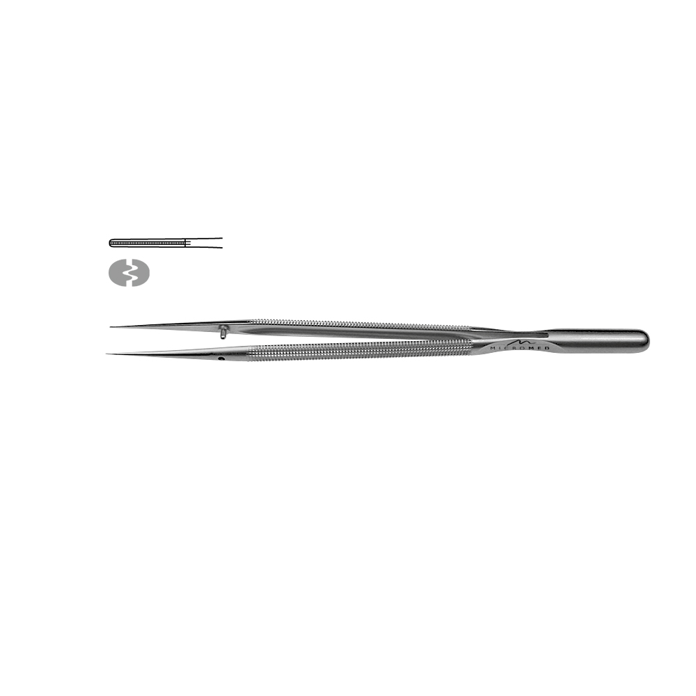 Micro-Forceps straight, length 150 mm tip 1,1 mm atraumatic Round handle Ø 8 mm and counter balance