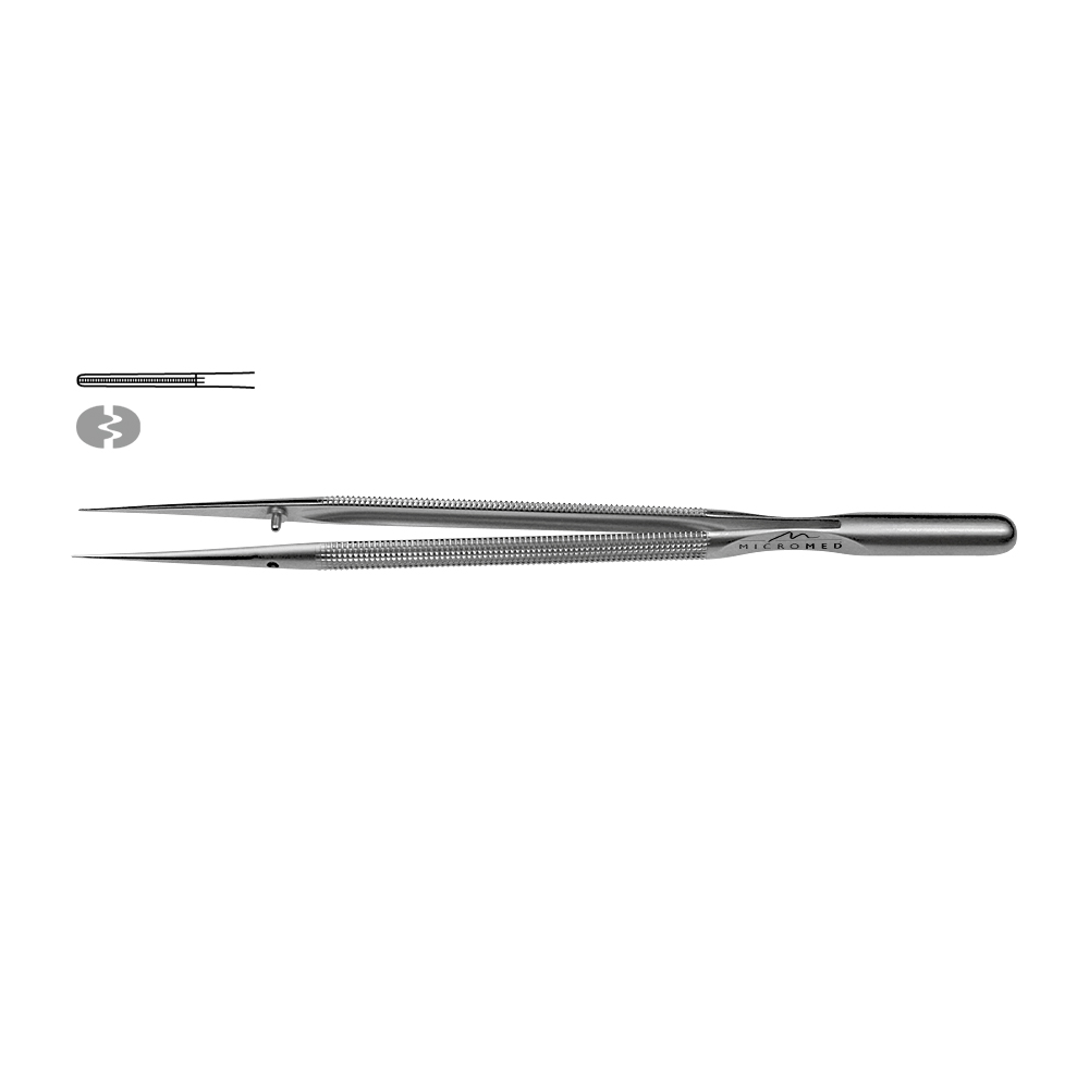 Micro-Forceps straight, length 210 mm tip 1,1 mm atraumatic Round handle Ø 8 mm and counter balance