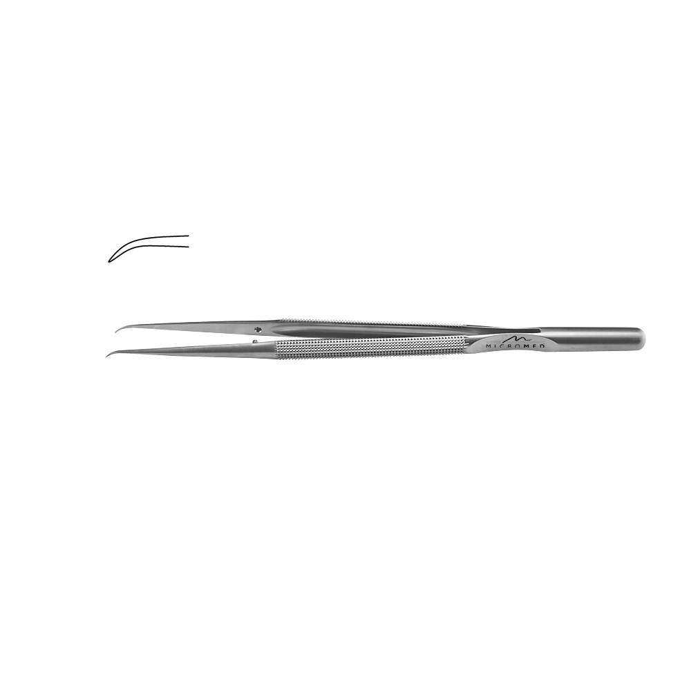 Micro-Forceps angulated, length 150 mm tip without plateau, smooth 0,3 mm Round handle Ø 8 mm and counter balance