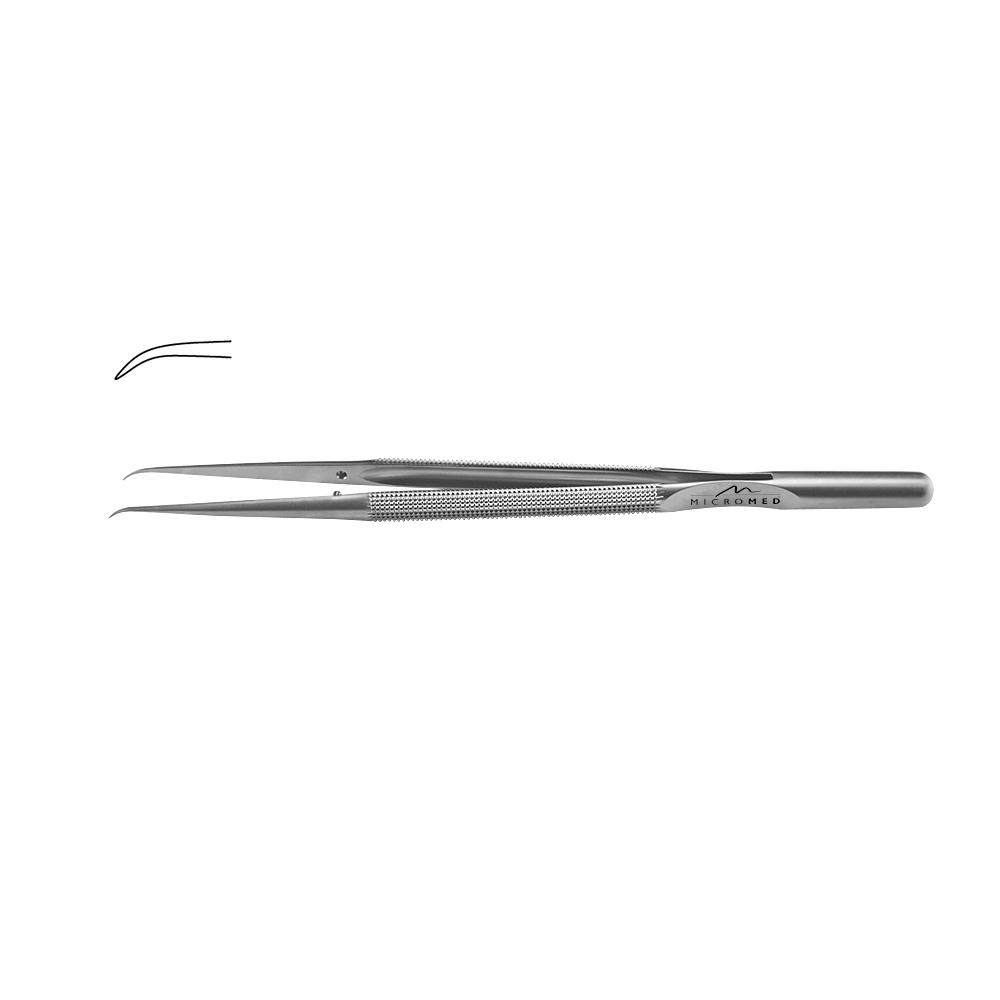 Micro-Forceps angulated, length 180 mm tip without plateau, smooth 0,3 mm Round handle Ø 8 mm and counter balance