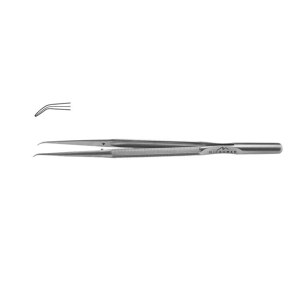 Micro-Forceps upward curved, length 180 mm, tip 0,5 mm Round handle Ø 8 mm and counter balance