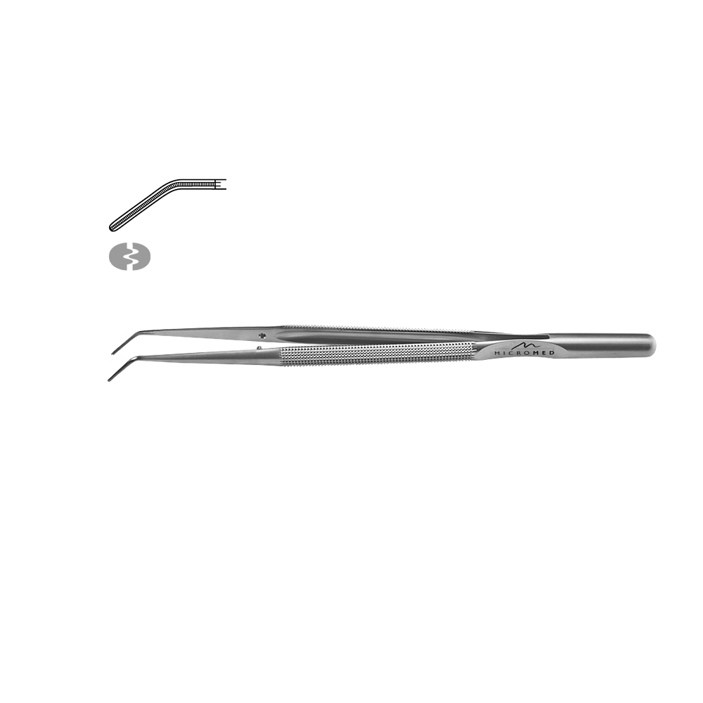 Micro-Forceps angulated, atraumatic length 150 mm, tip 1,1 mm Round handle Ø 8 mm and counter balance