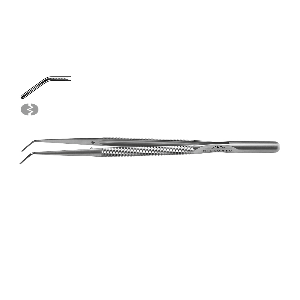 Micro-Forceps angulated, atraumatic length 210 mm, tip 1,1 mm Round handle Ø 8 mm and counter balance