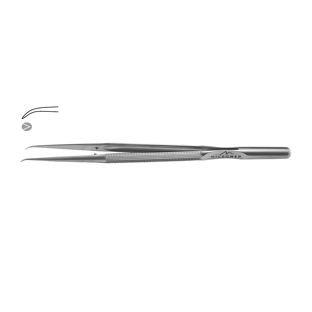 Micro-Forceps angulated, length 210 mm with mouse tooth, smooth 0,3 mm Round handle Ø 8 mm and counter balance