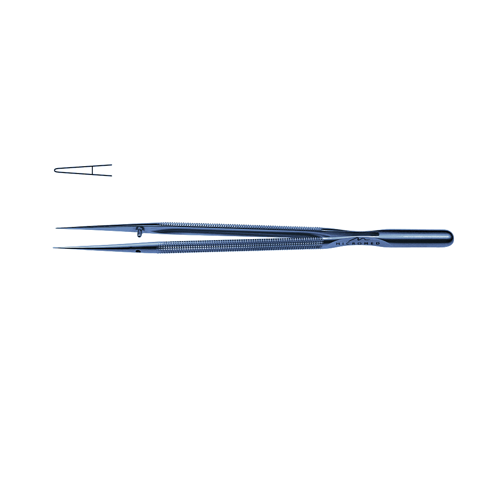 Forceps straight, length 180 mm,titanium tip with plateau, diamond-coated 0,8 mm Round handle Ø 8 mm and counter balance