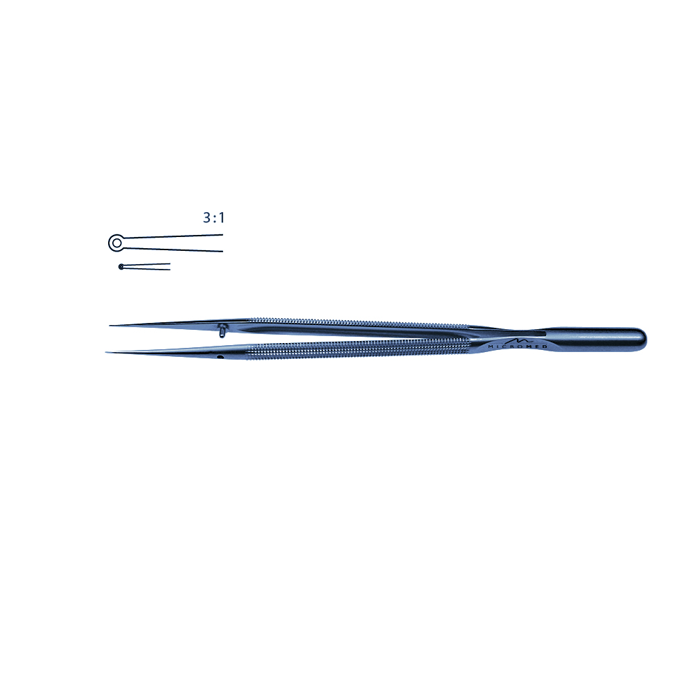 Micro-Forceps straight length 150 mm tip with ring 0,8 x 0,4mm, titanium Round handle Ø 8 mm and counter balance