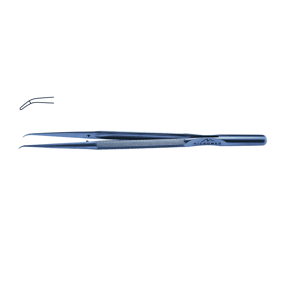 Micro-Forceps titanium angulated,L 210mm tip with plateau, diamond-coated 0,6 mm Round handle Ø 8 mm and counter balance