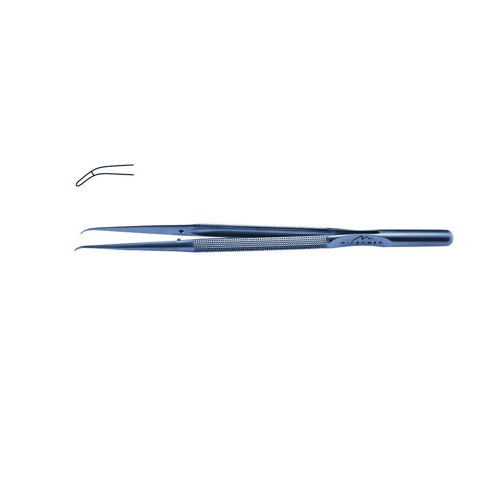 Micro-Forceps titanium angulated,L 150mm tip with plateau, diamond-coated 0,8 mm Round handle Ø 8 mm and counter balance