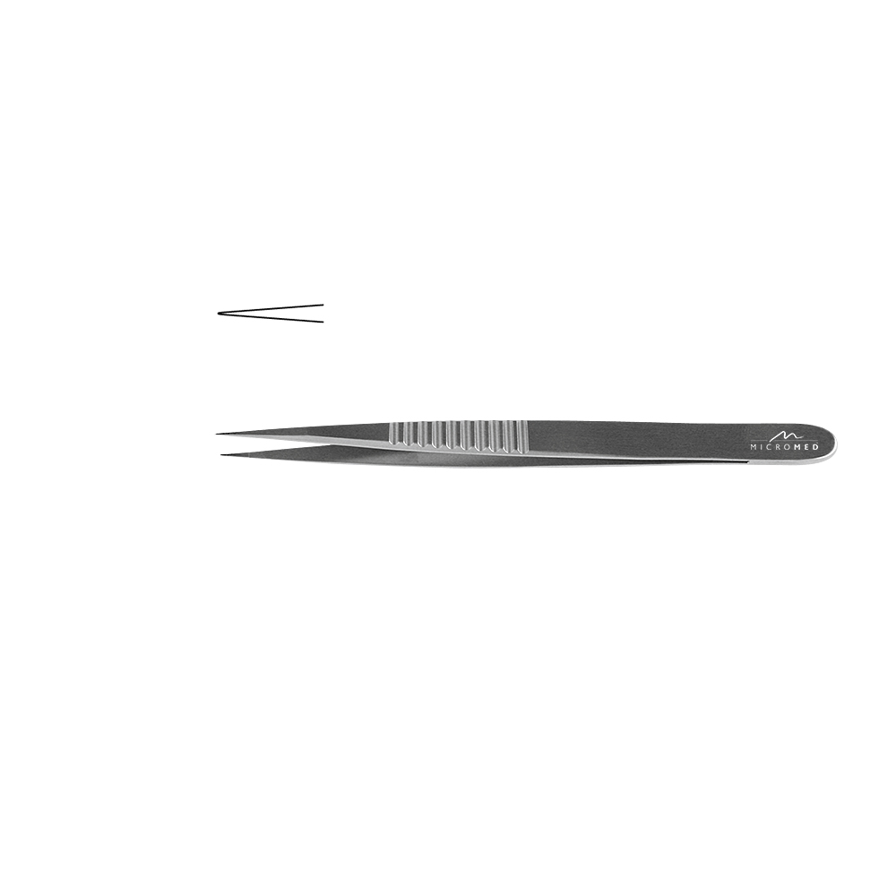 Micro-Forceps straight, length 120 mm tip smooth 0,3 mm, flat handle 9 mm 