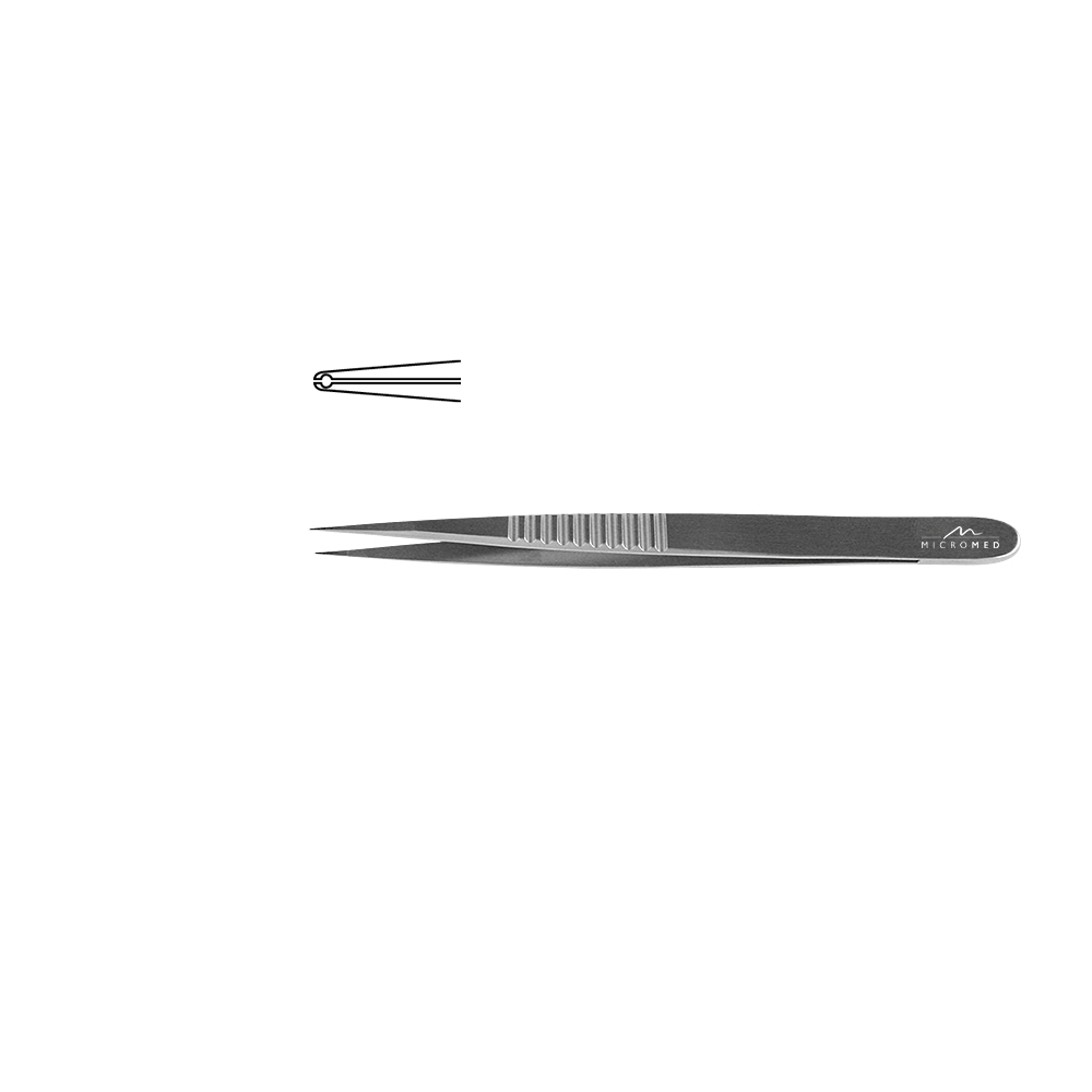 Fixation Forceps straight, length 110 mm tip 0.3 mm, Pierce, flat handle 9 mm. 