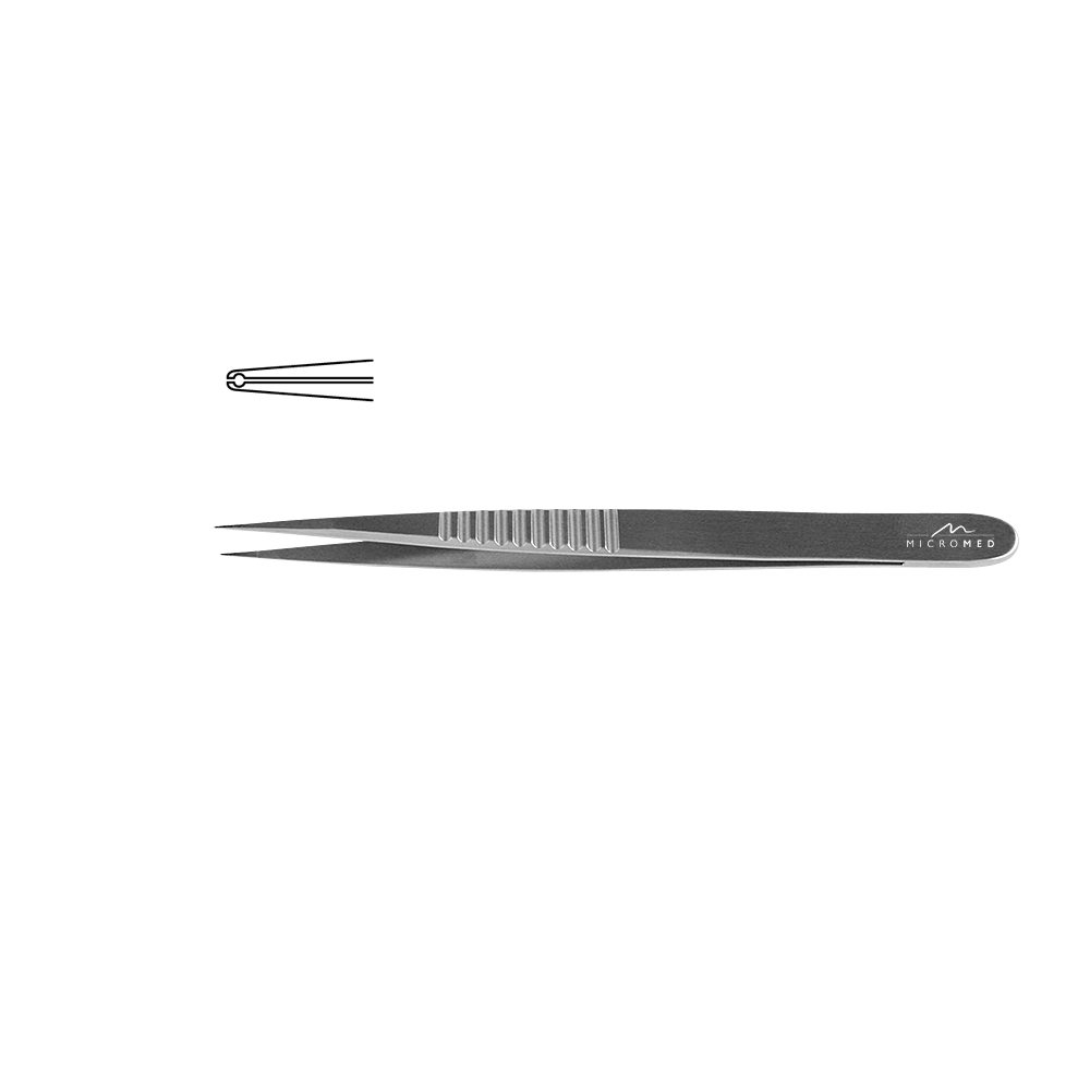 Micro-Forceps straight, length 135 mm tip 0,6mm drilling Ø 0,3 mm Pierce, Flat Handle 9 mm