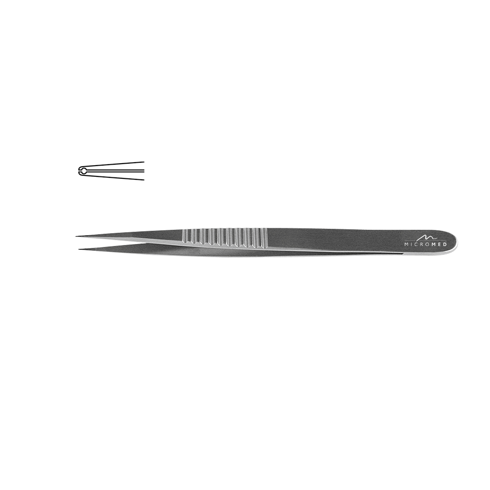 Micro-Forceps straight, length 150 mm tip 0,6mm drilling Ø 0,3 mm Pierce, Flat Handle 9 mm