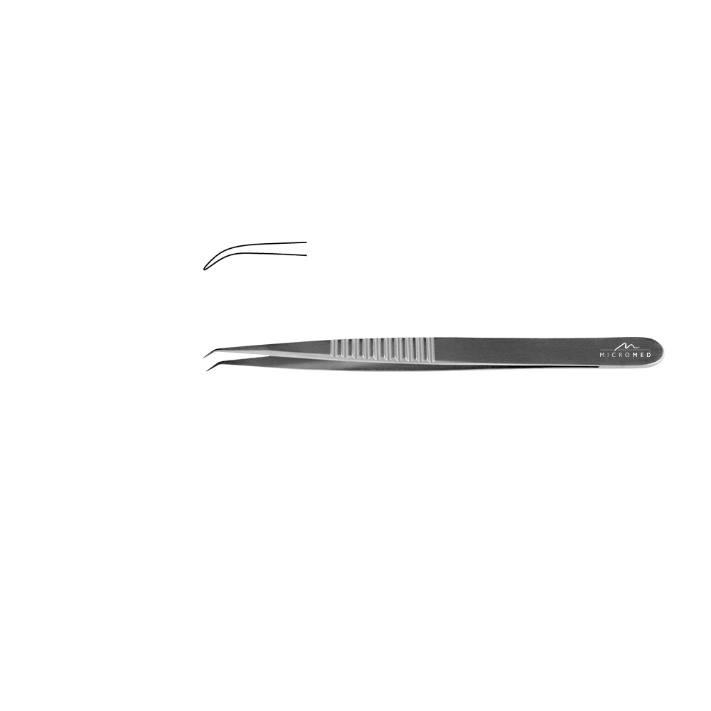 Micro-Forceps angulated, length 110 mm tip without plateau, smooth 0,3 mm Flat Handle 8 mm