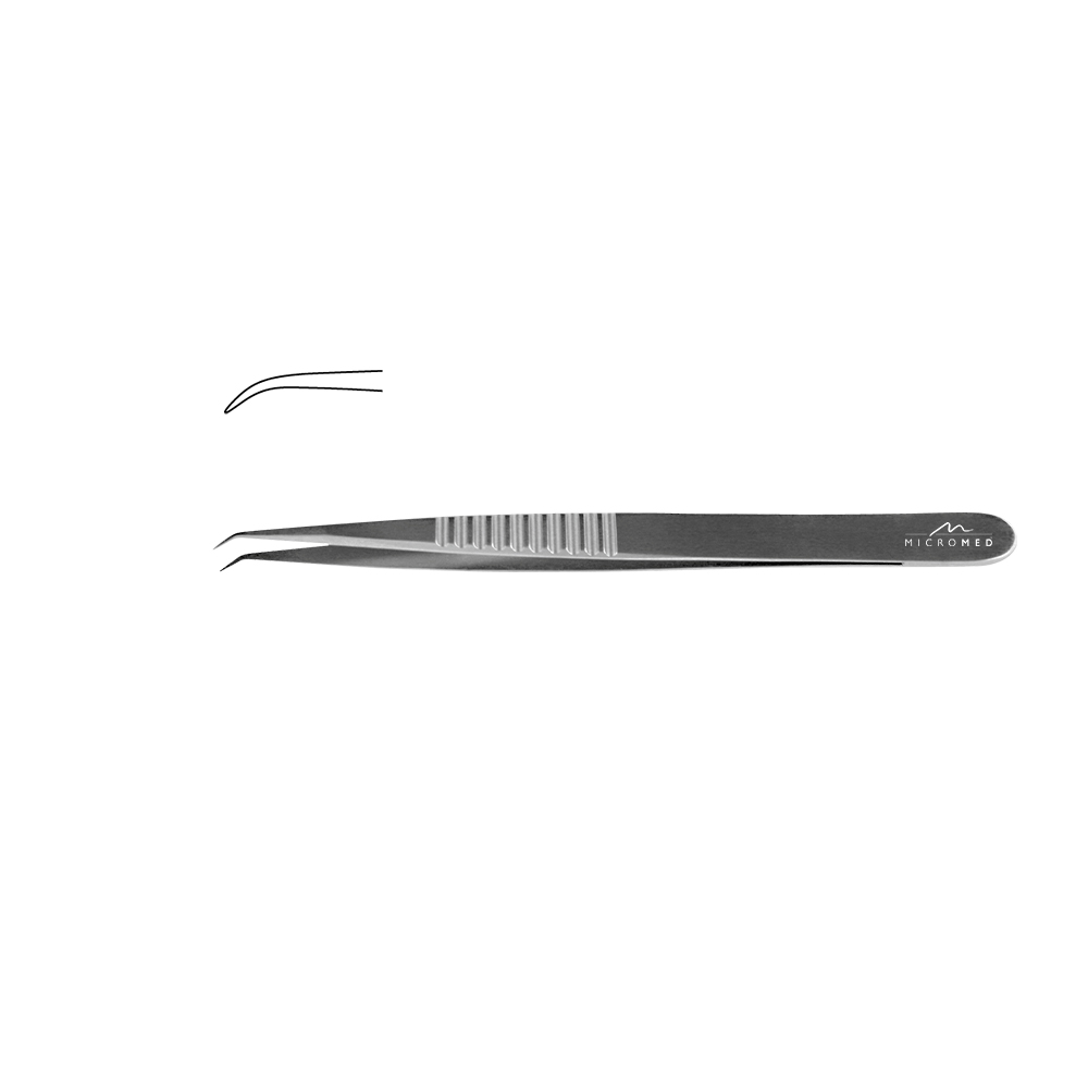 Micro-Forceps angulated, length 135 mm tip without plateau, smooth 0,3 mm Flat Handle 9 mm