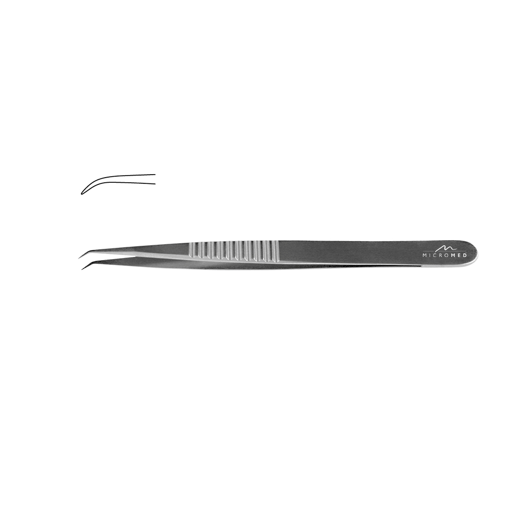 Micro-Forceps angulated, length 150 mm tip without plateau, smooth 0,3 mm Flat Handle 9 mm