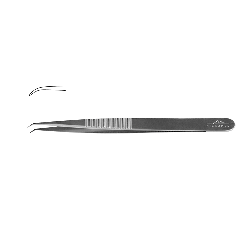 Micro-Forceps angulated, length 180 mm tip without plateau, smooth 0,3 mm Flat Handle 9 mm