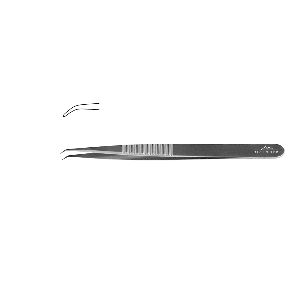 Micro-Forceps angulated, length 135 mm tip without plateau, smooth 0,6 mm Flat Handle 9 mm