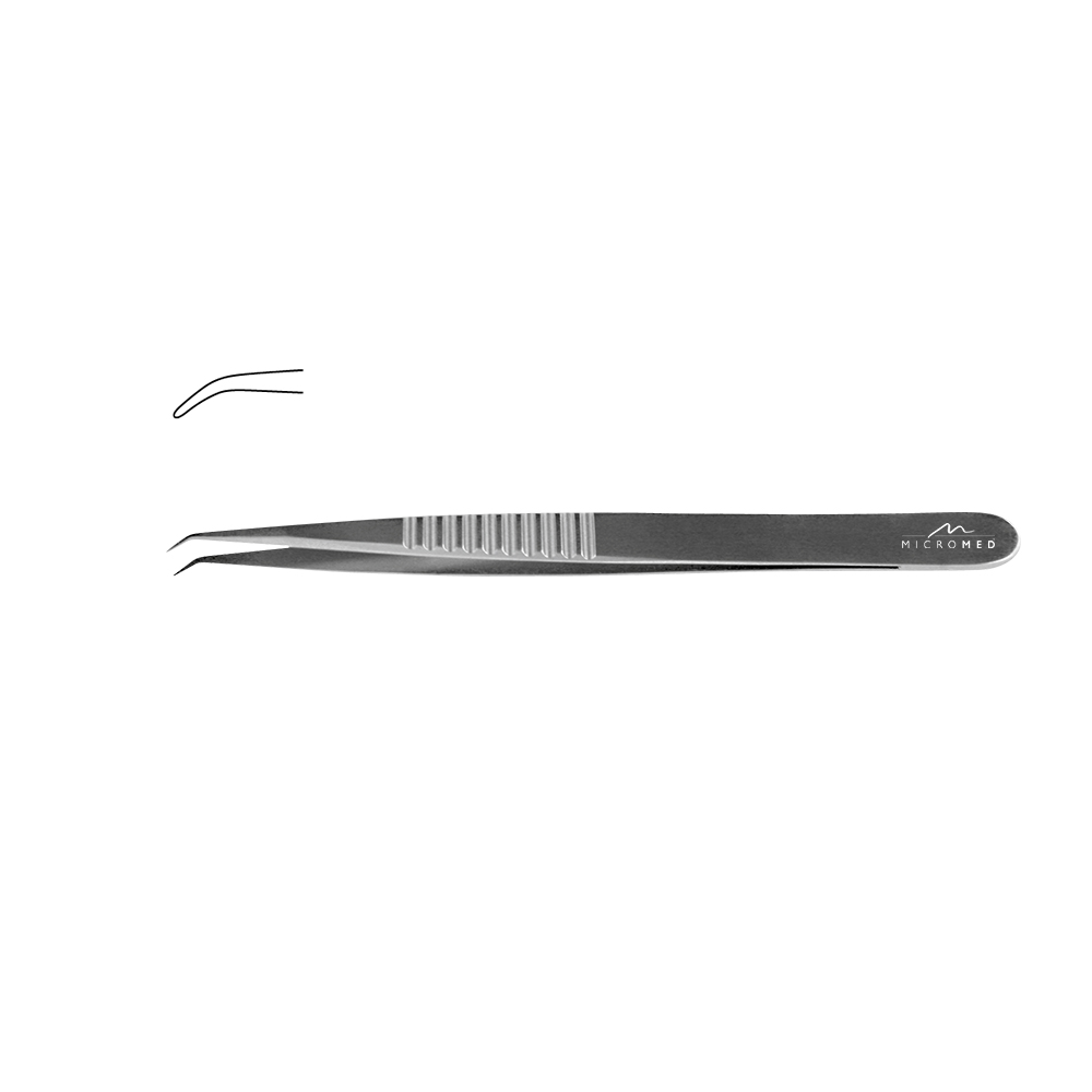 Micro-Forceps angulated, length 150 mm tip without plateau, smooth 0,6 mm Flat Handle 9 mm