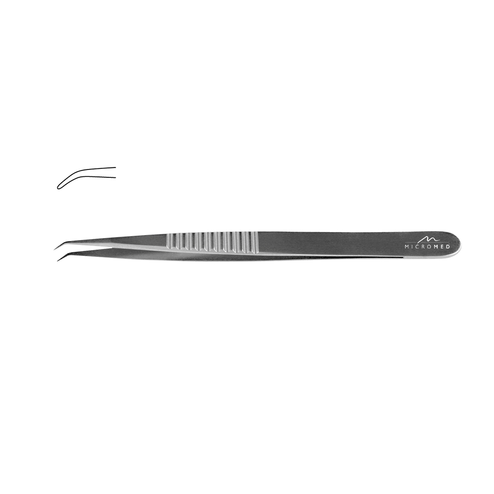 Micro-Forceps angulated, length 180 mm tip without plateau, smooth 0,6 mm Flat Handle 9 mm