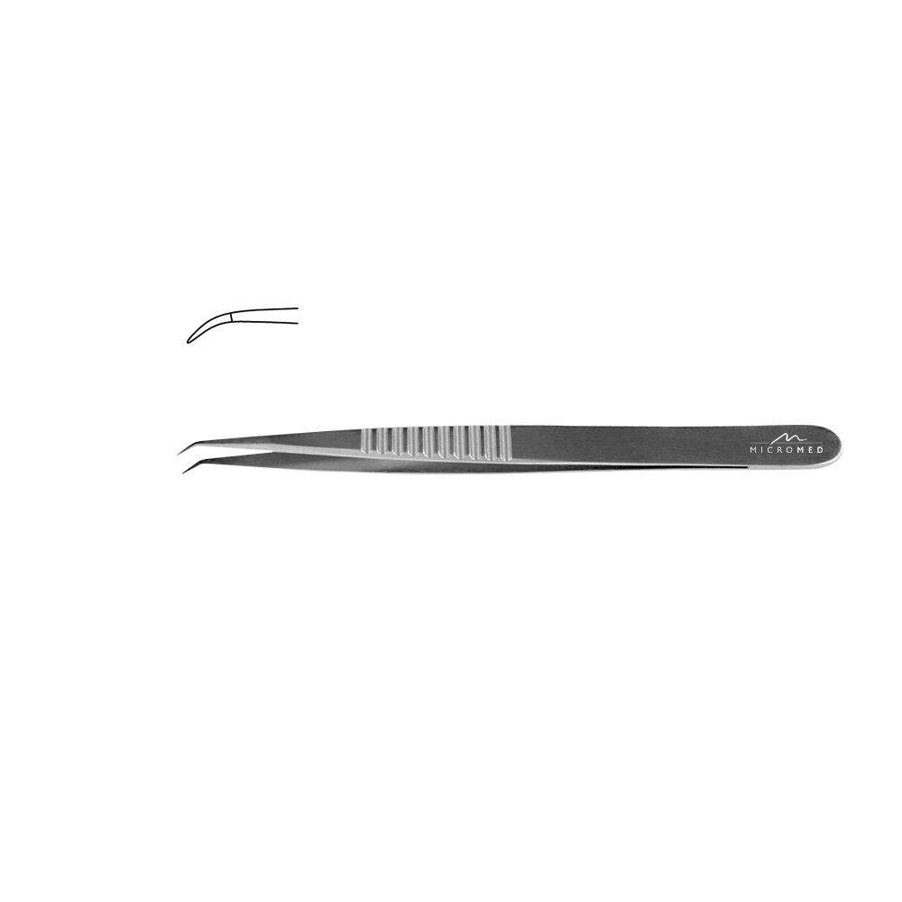 Micro-Forceps angulated, length 135 mm tip with plateau, smooth 0,3 mm Flat Handle 9 mm