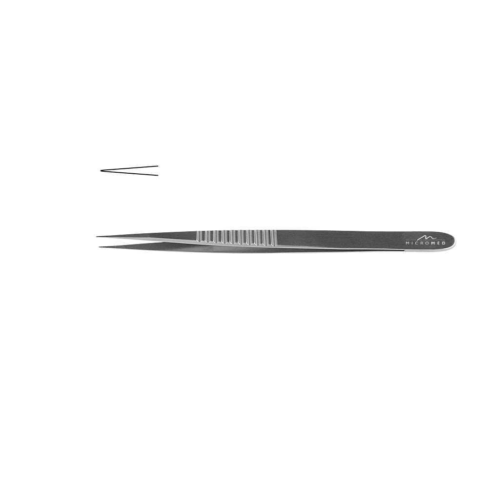 Micro-Forceps straight, length 135 mm tip 0.3 mm, flat handle 7 mm. 