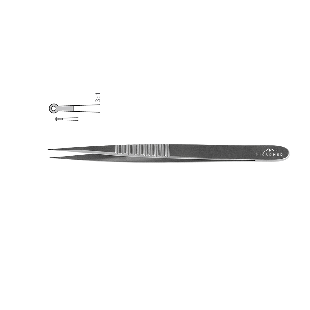 Micro-Forceps straight, length 150 mm tip with ring 1,0 x 0,5mm Flat handle 10 mm