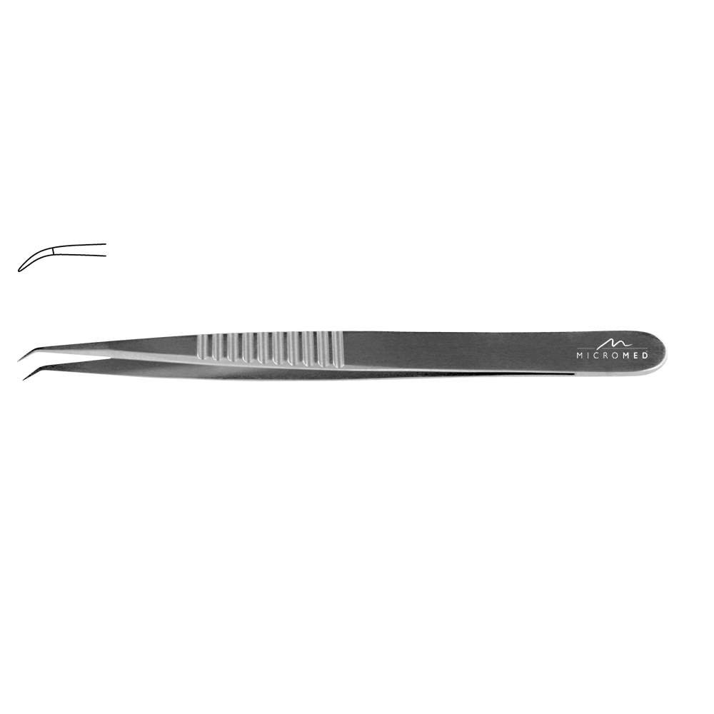 Micro-Forceps angulated, length 230 mm tip with plateau, smooth 0,3 mm Flat Handle 10 mm