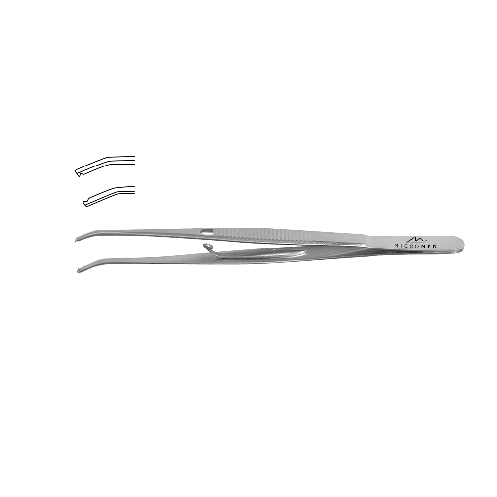 Forceps for Microvascular Clamps, 30° angulated with lock and Flat Handle, length 140 mm, for Clamps No. 1-2