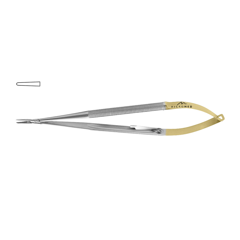 TC micro needle holder, 21cm round handle Ø 9mm, with ratchet, jaw 1m serrated, straight