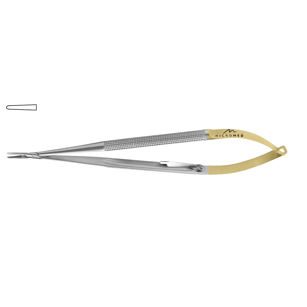 TC micro needle holder, 23cm round handle Ø 9mm, with ratchet, jaw 1m serrated, straight