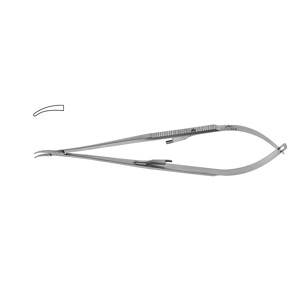 Needle Holder curved, lenght 180 mm tip 0,8 mm, jaw smooth, Flat Handle with lock